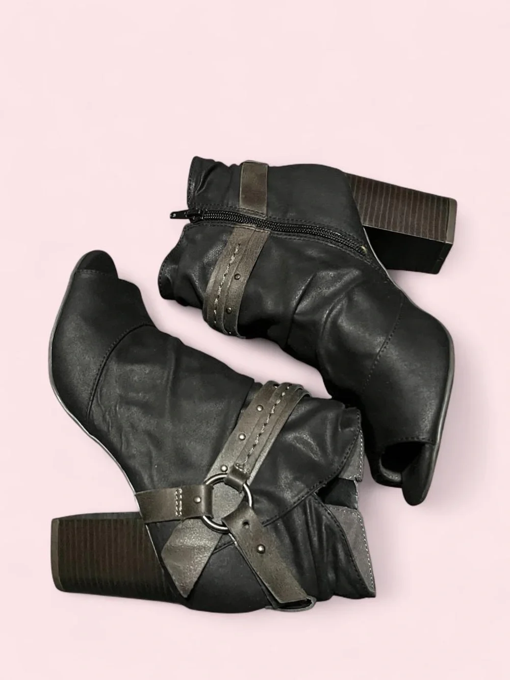 8.5 Womens Black Peep-Toe Ankle Booties with Strap Detail